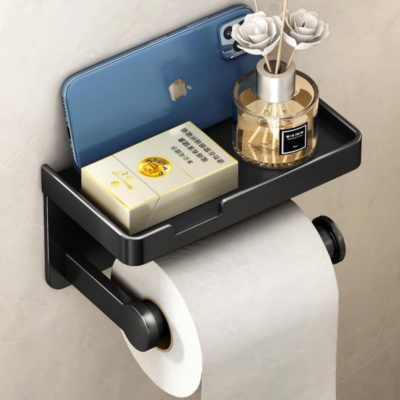 Voldra Toilet Paper Holder with Phone Shelf, Self-Adhesive or Screw-in Toilet Tissue Roll Holder Wall Mount, Rustproof & Multifunctional Bathroom Toilet Paper Holder Storage Dispenser(Black) - Image 1